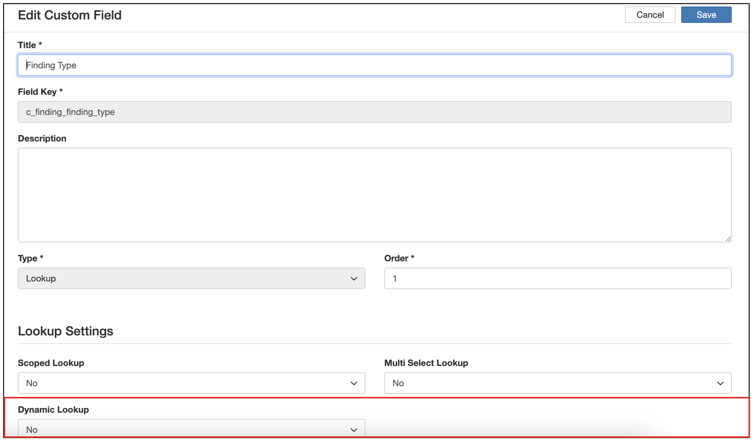 The Lookup Settings section of the Edit Custom Field screen, with the Dynamic Lookup setting.