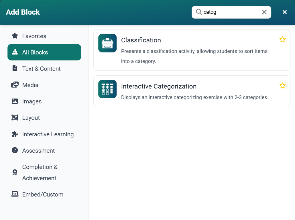 Screenshot of Add Block modal, displaying search results that contain "categ"