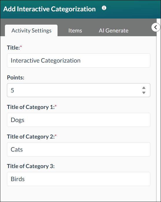 Screenshot of the Activity Settings options in the Add Interactive Categorization modal