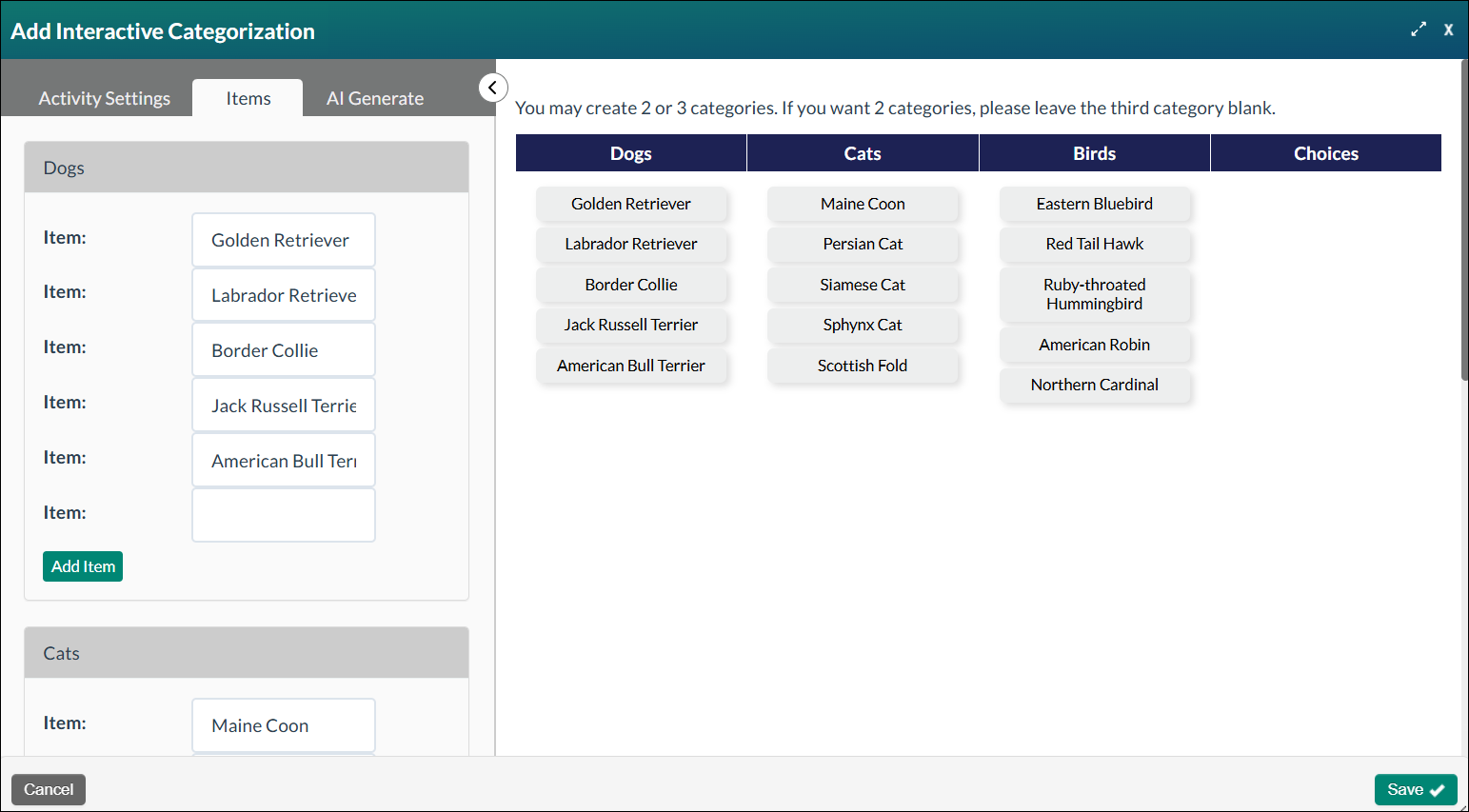 Screenshot of the Items screen of the Edit Interactive Categorization modal
