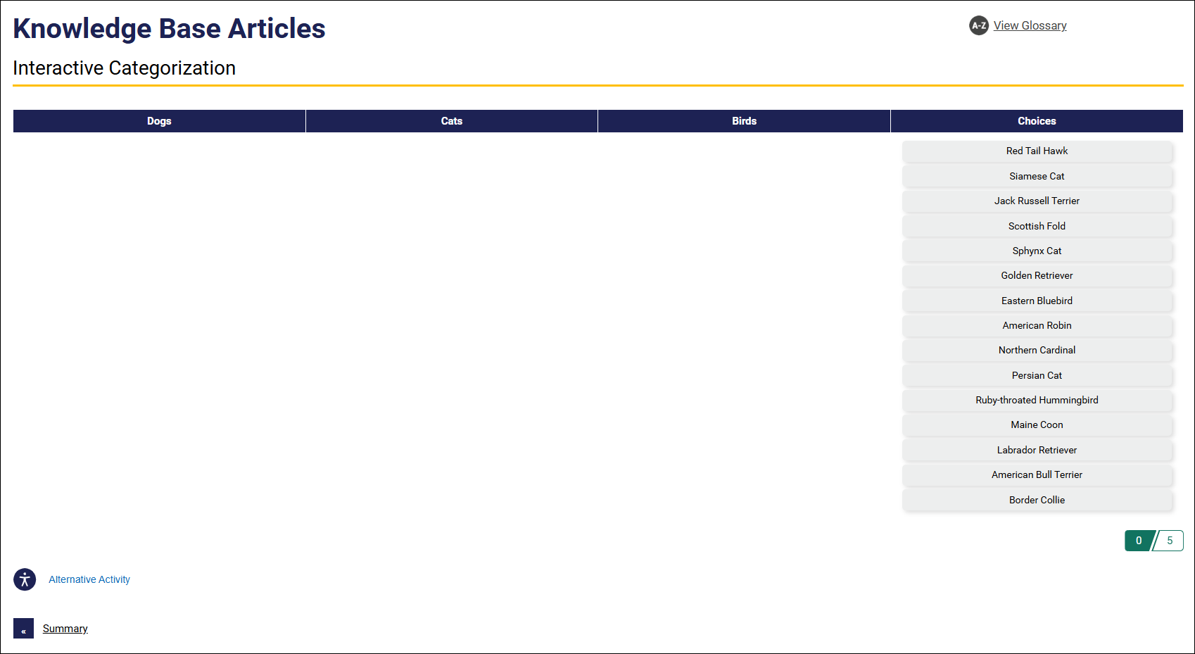 Screenshot of Interactive Categorization block that has been added to a module page that has been Published