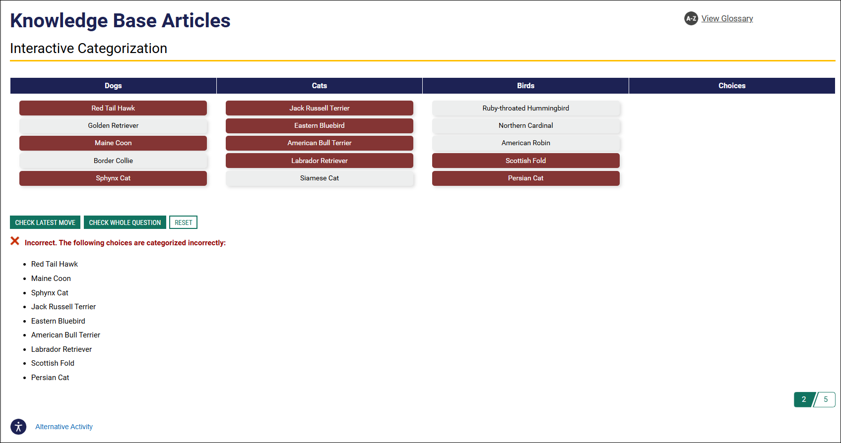 Screenshot of the published Interactive Categorization activity that has been answered 