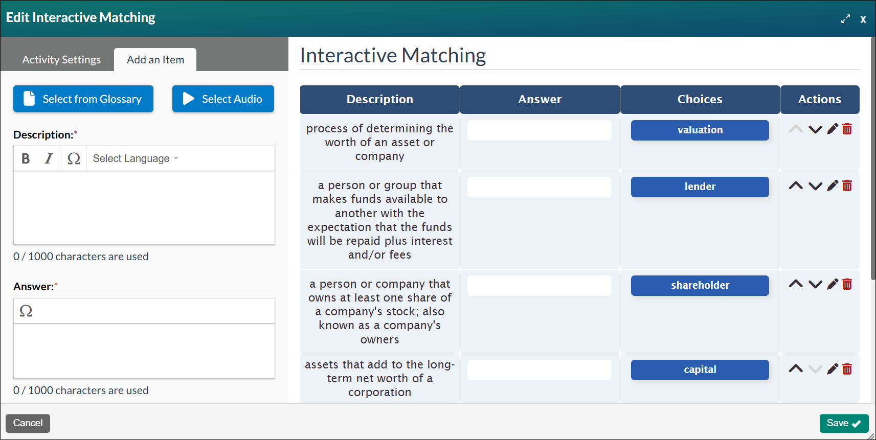 Screenshot of the Add an Item menu of the Add Interactive Matching modal, with editable content filled in