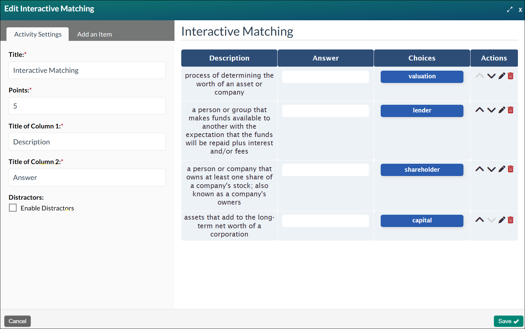 Screenshot of Edit Interactive Matching modal