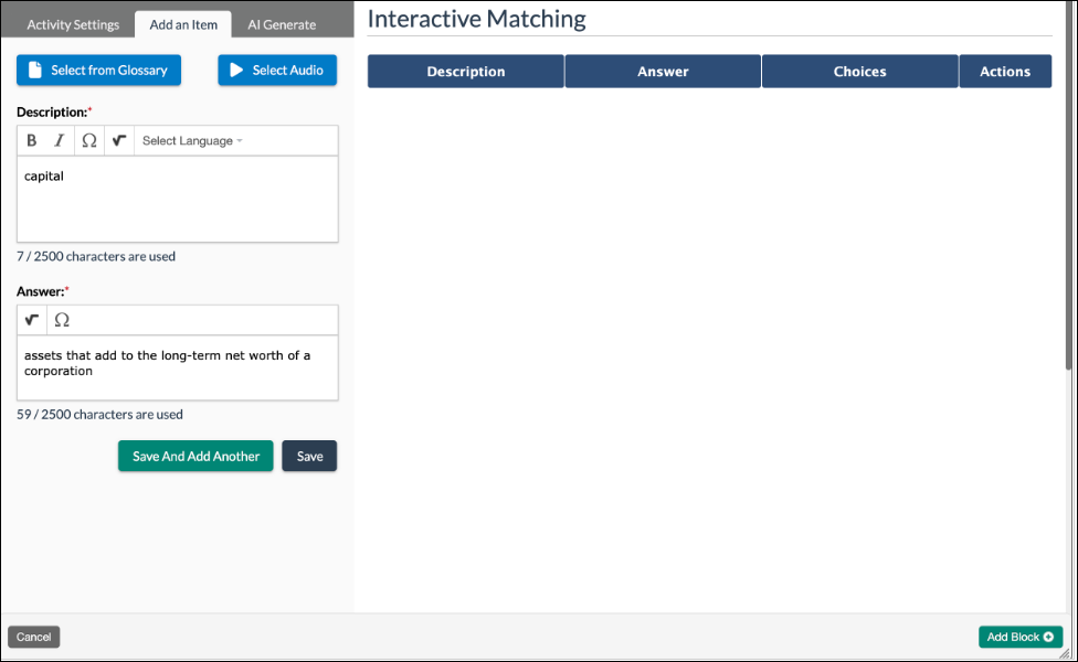 screenshot showing interactive matching editing modal, with the Add an Item tab selected and the fields highlighted