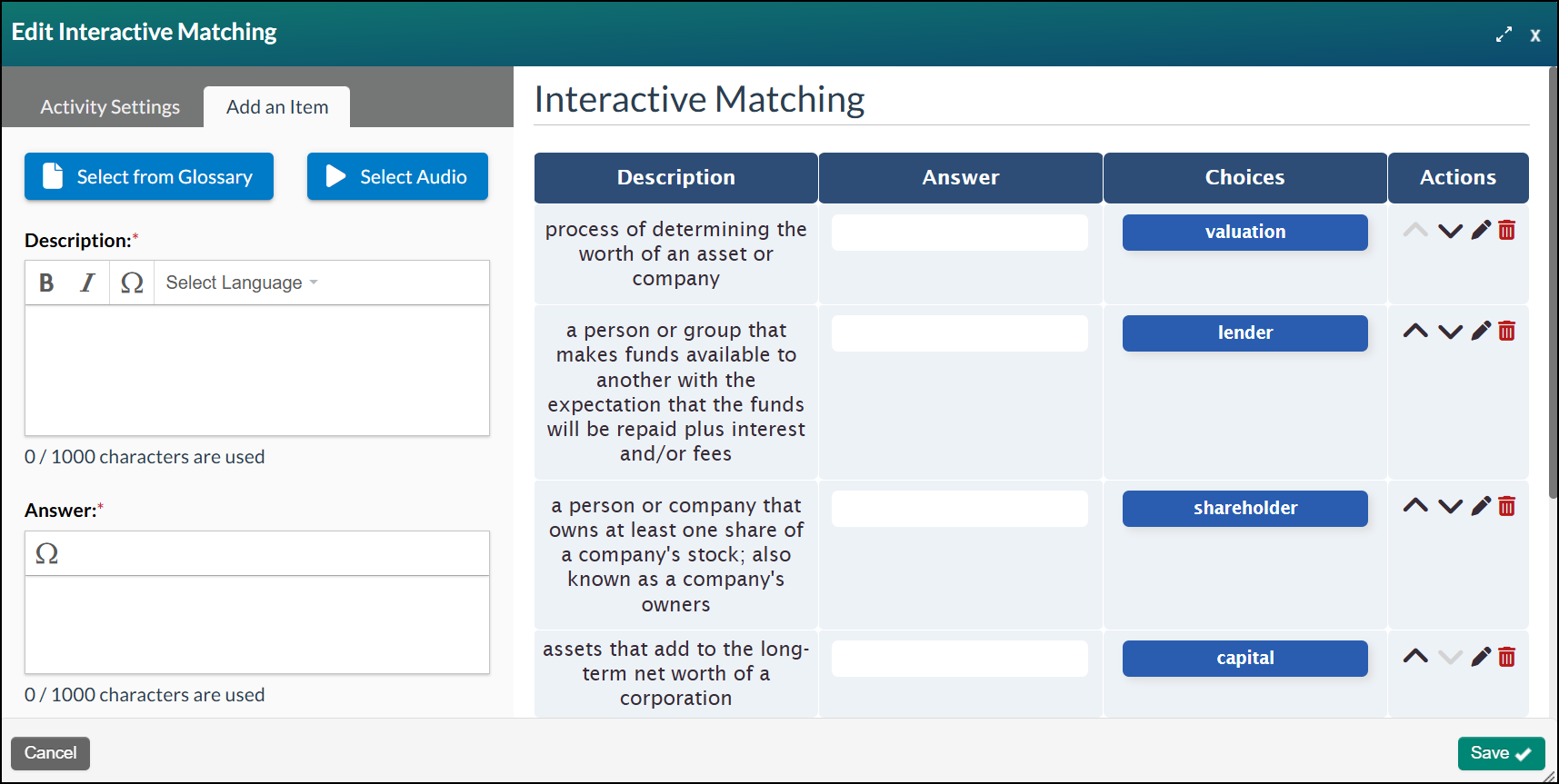 Screenshot of the Add an Item menu of the Add Interactive Matching modal, with editable content filled in