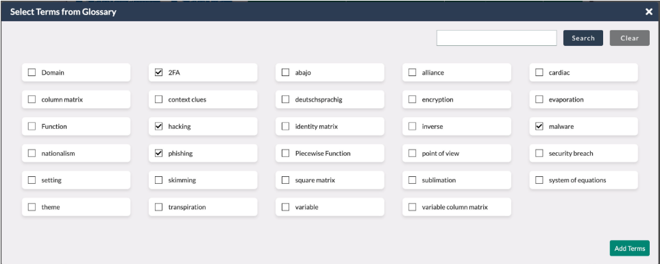 screenshot showing the select terms from glossary modal