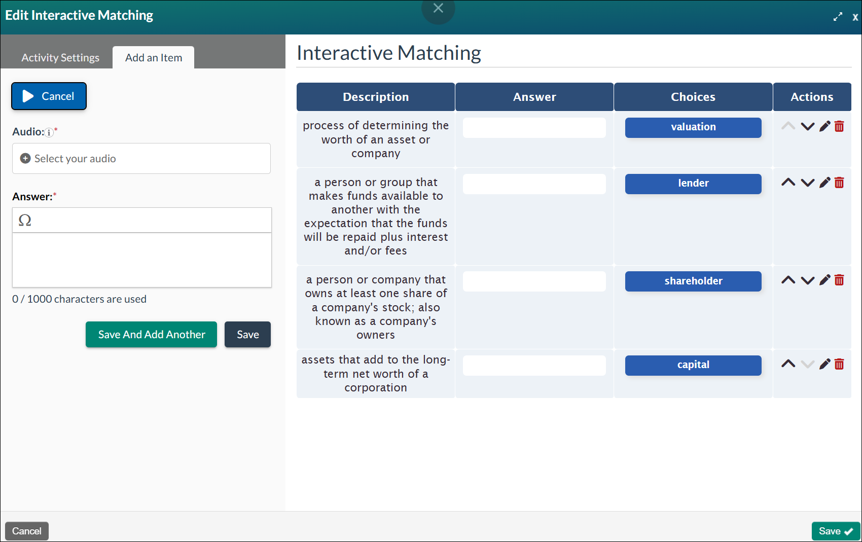 screenshot showing the interactive matching editing modal with the add item tab selected and adding an audio item.