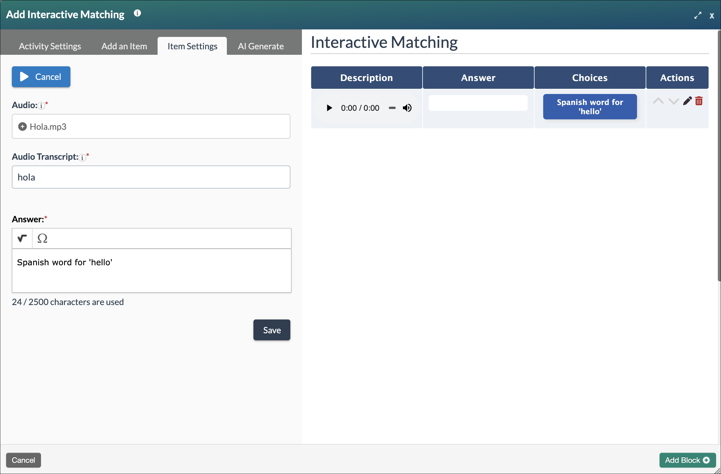 screenshot showing the interactive matching editing modal with the add item tab selected and adding an audio item with the audio transcript and answer fields filled in