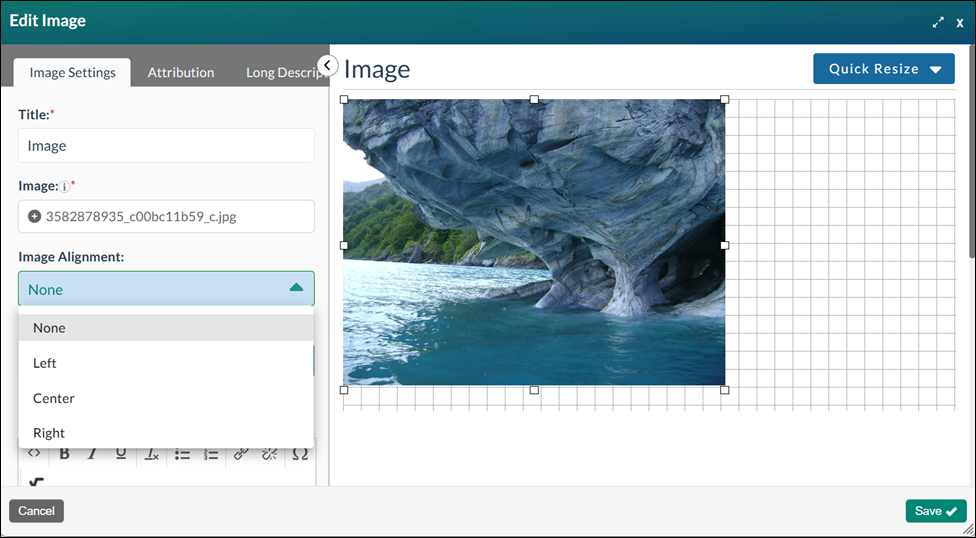 editing modal for image block with image alignment dropdown open