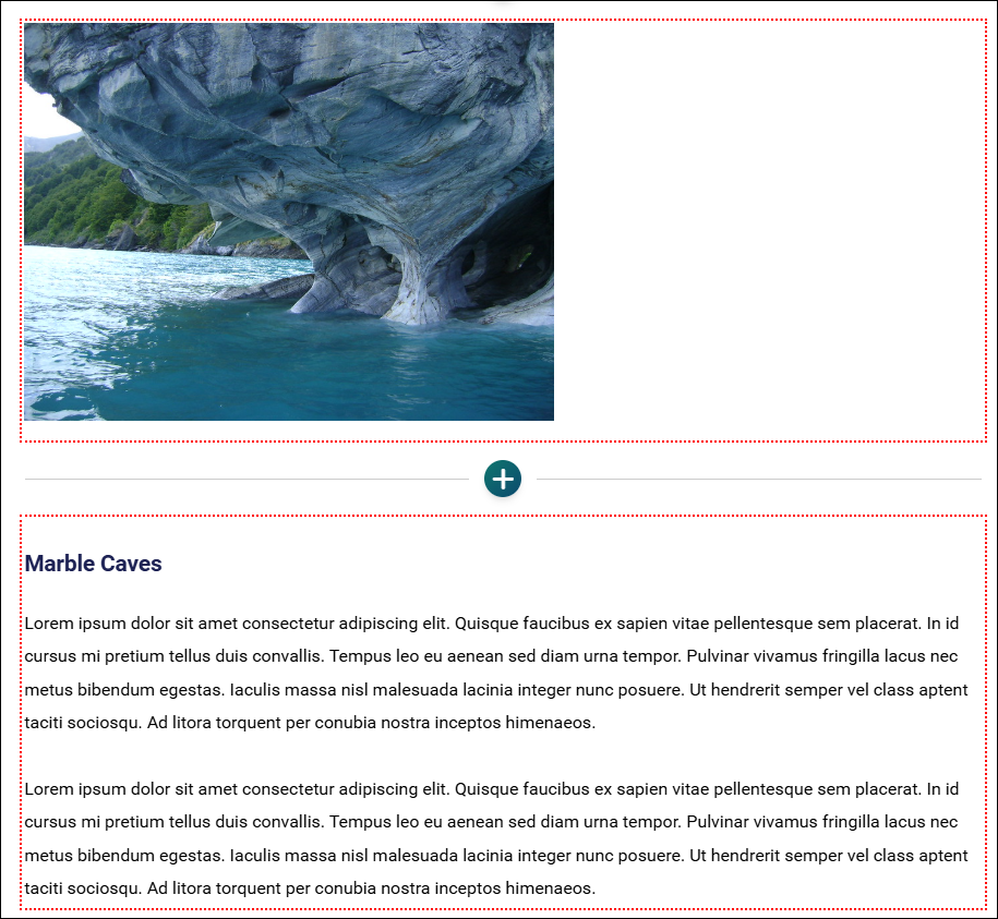 Content page in edit mode shows a red dotted line around the image and content blocks