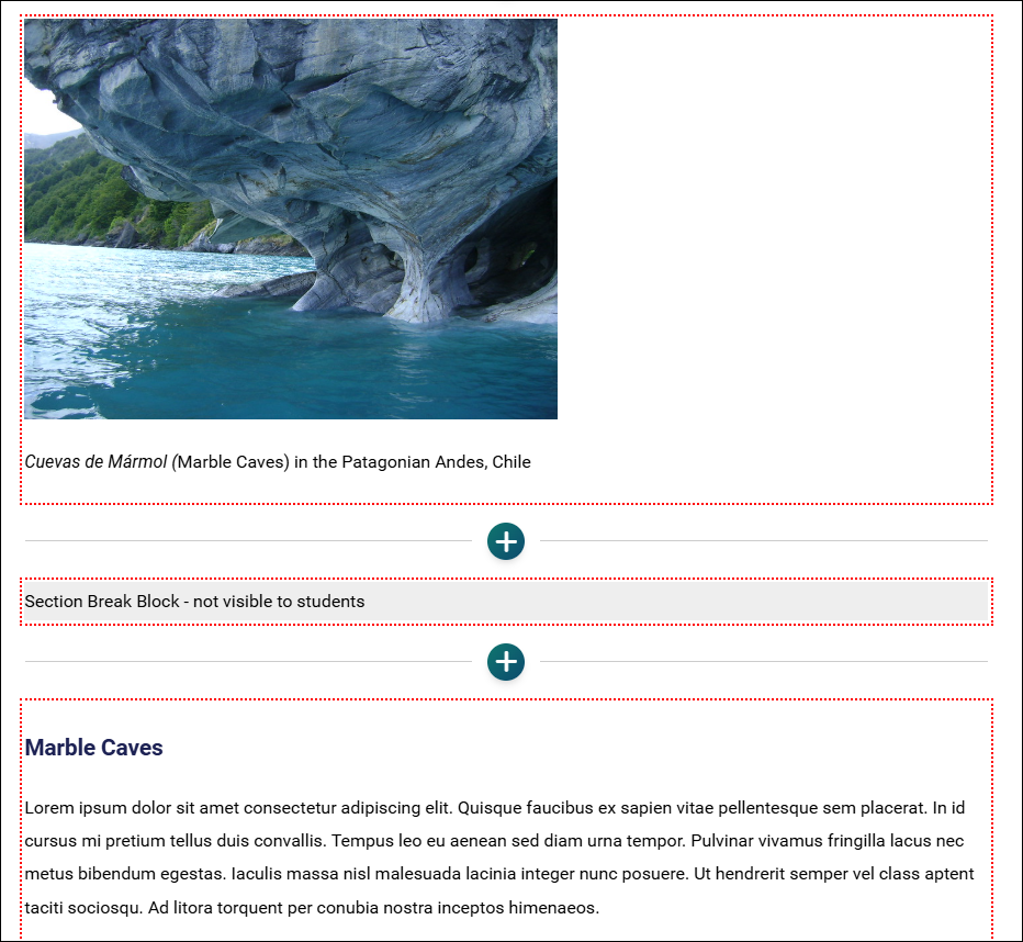 Content page in edit mode, showing an image block, section break block, and content text block