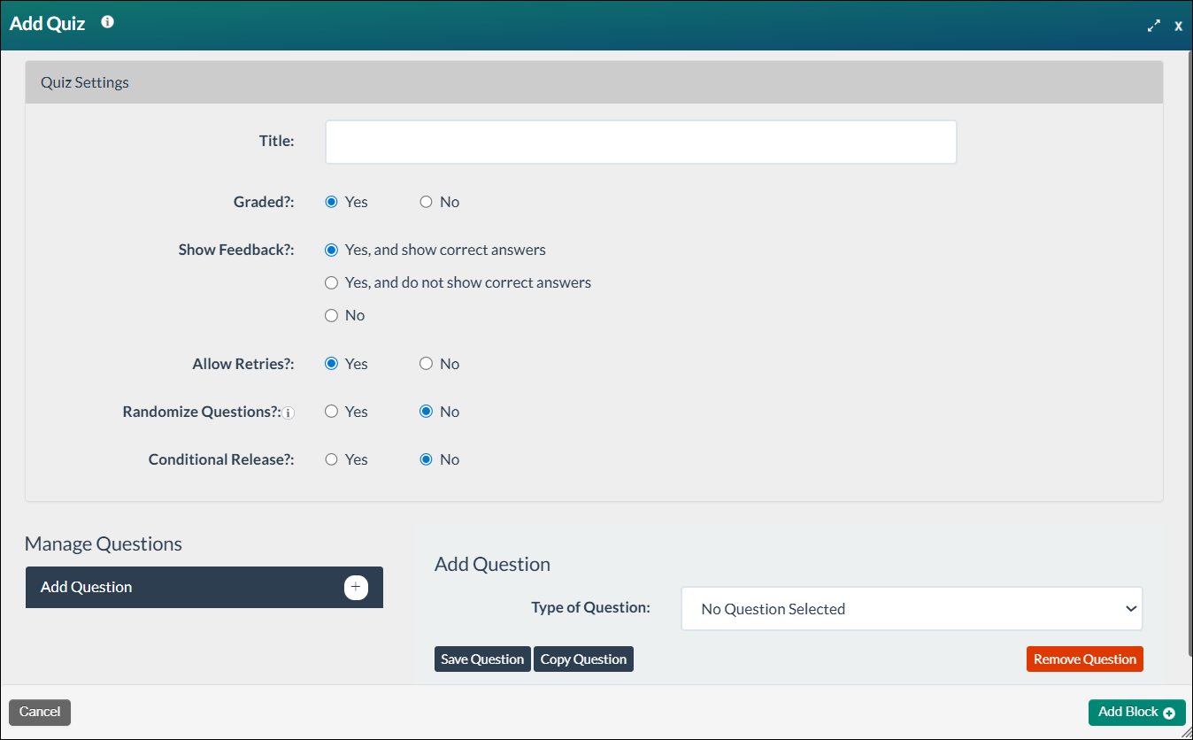 Add Quiz modal, showing the quiz settings