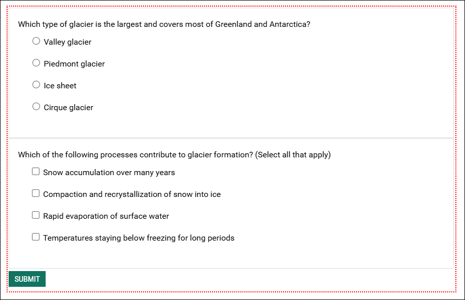 Content page in edit mode shows quiz blocks with red, dotted line around that indicates that the page is editable