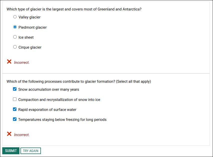 Quiz feedback lets the learner know that the answers were wrong