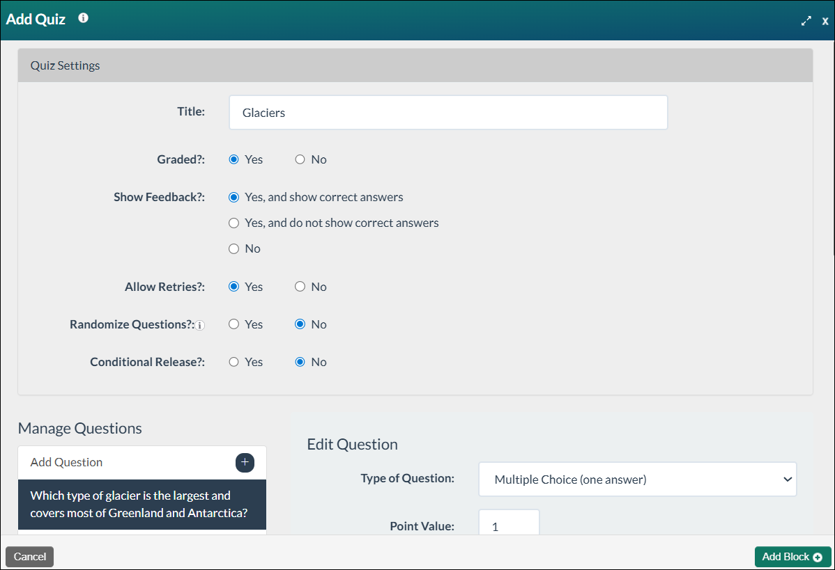 Add Quiz modal, with title and questions filled in