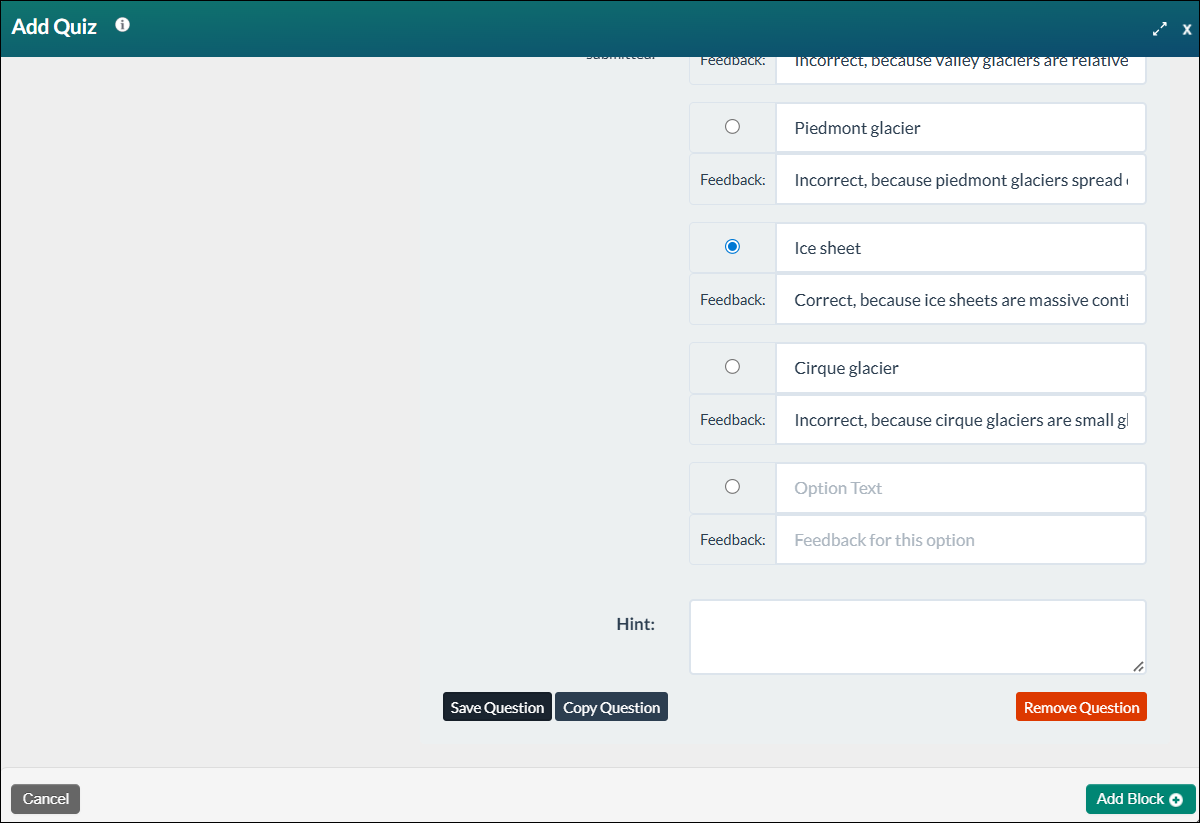 Add quiz modal, showing answers and the Save question button