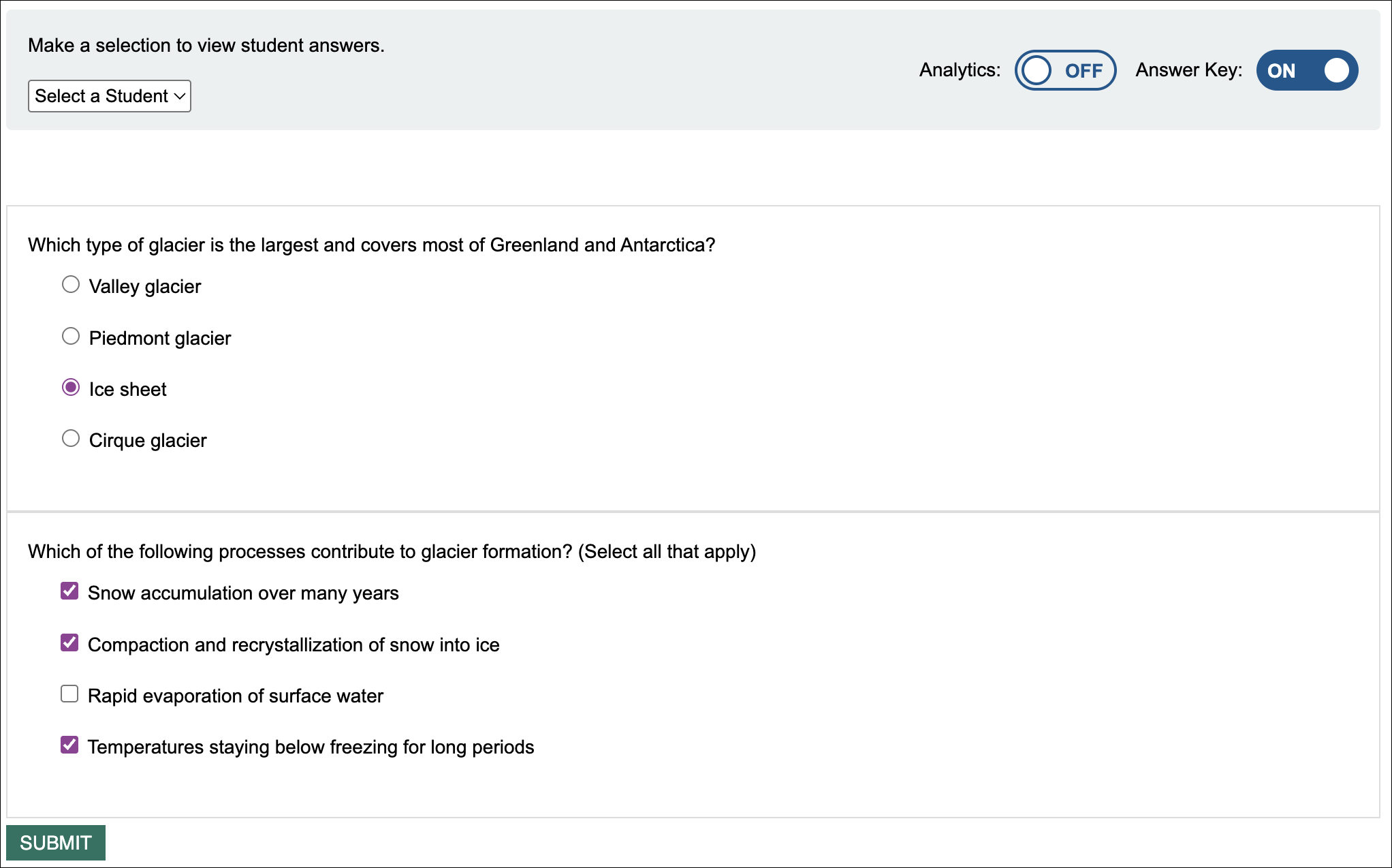 Instructor view of a Quiz block with the answer key displayed