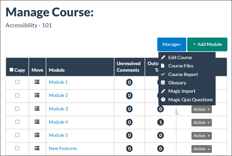 Manage course window