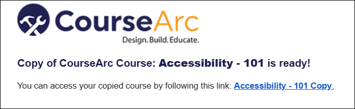 Email text indicating course copy is ready with link to course