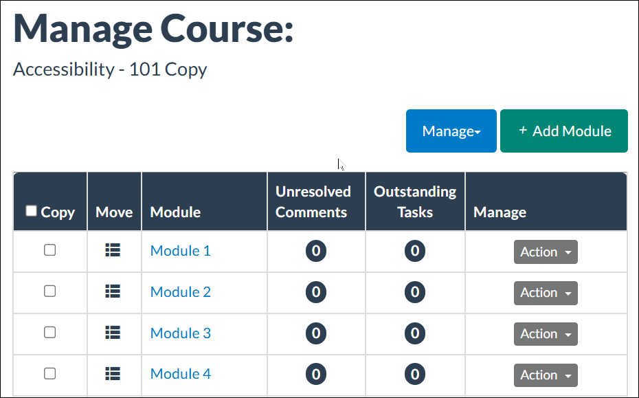 Manage Course view