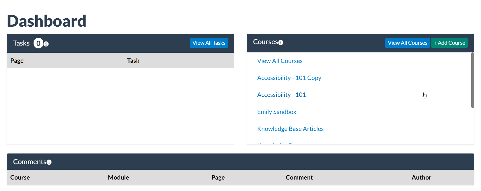 CourseArc dashboard, showing tasks, courses, and comments widget