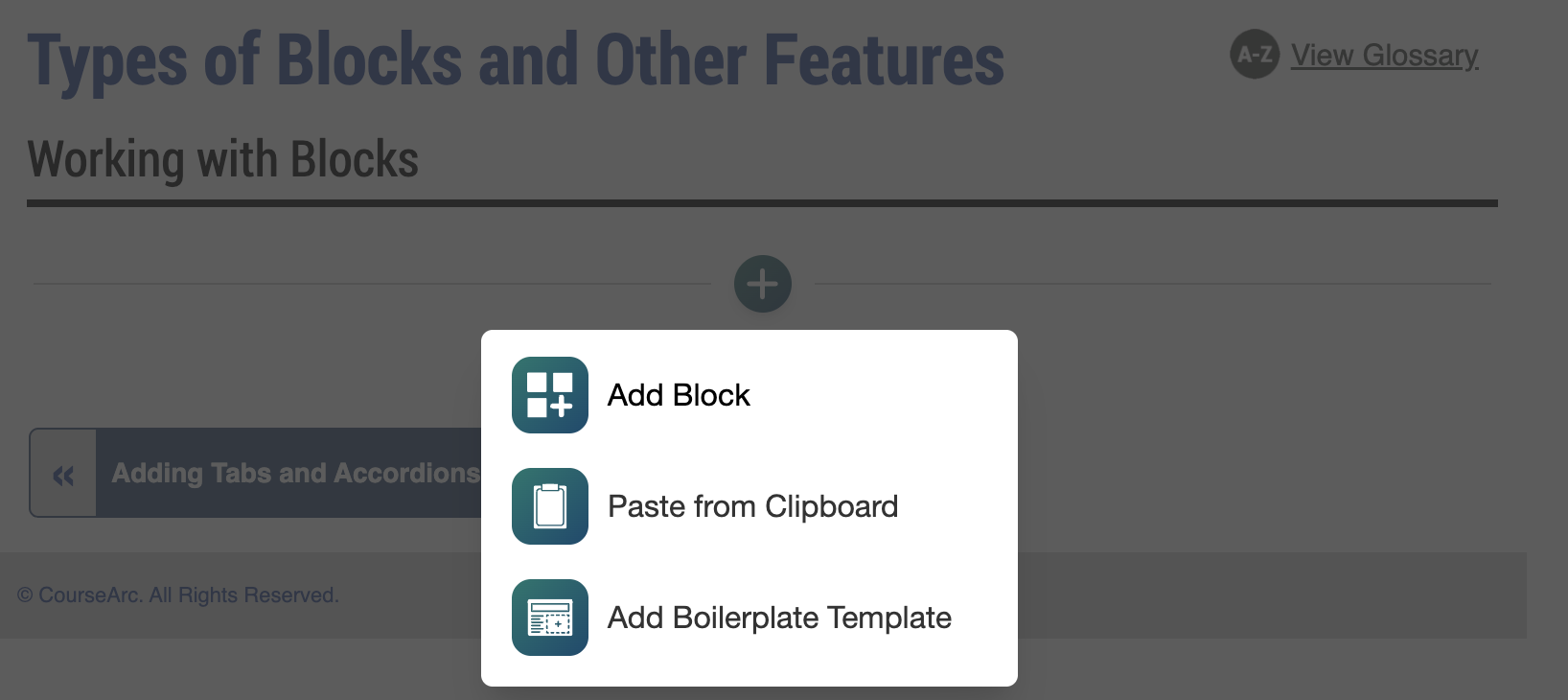 Screenshot of a pop up menu that prompts users to Add Block, Paste from Clipboard, and Add Boilerplate Template