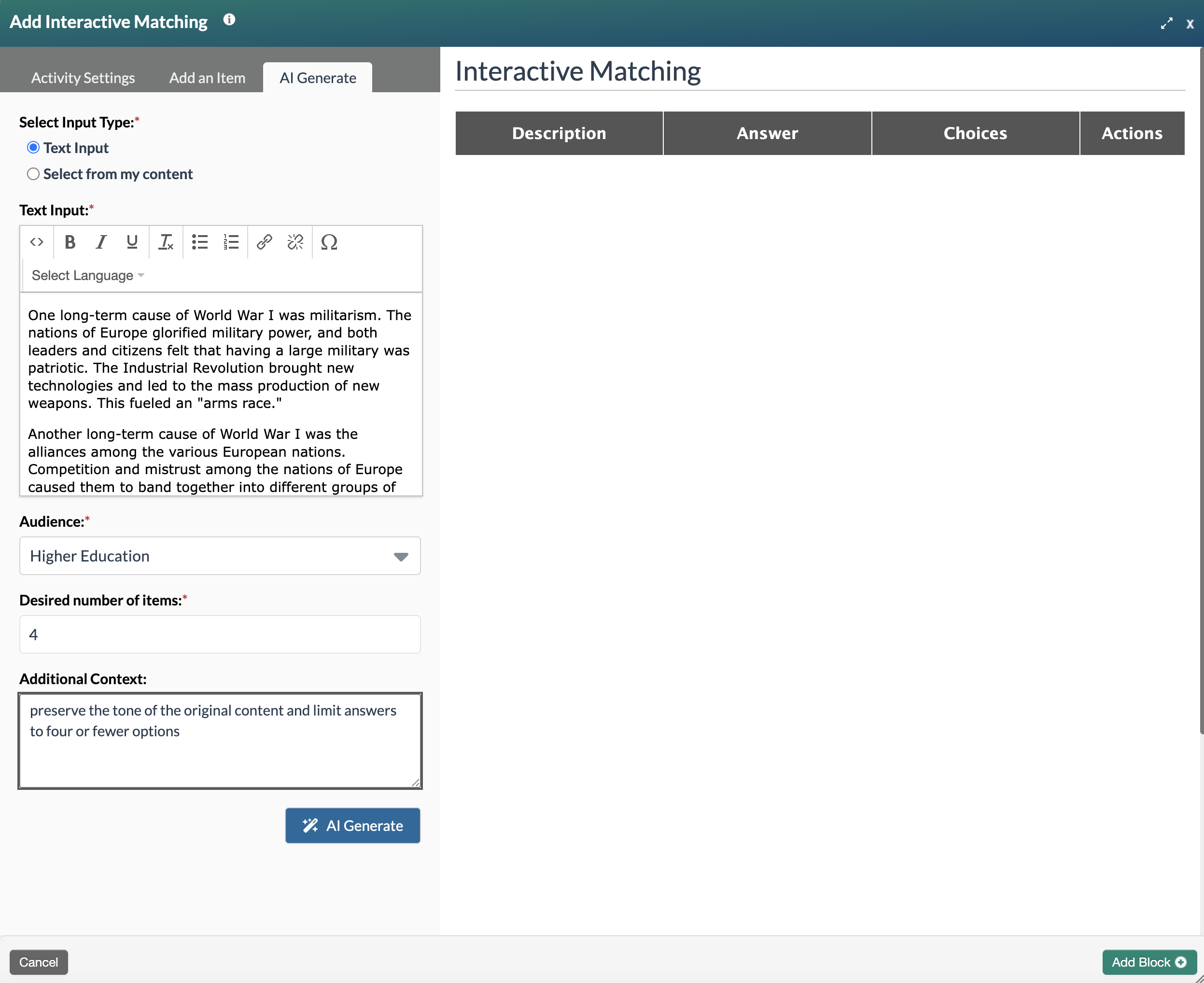 Screenshot of Add Interactive Matching modal and its AI Generate pane, displaying "AI Generate" based on Text Input