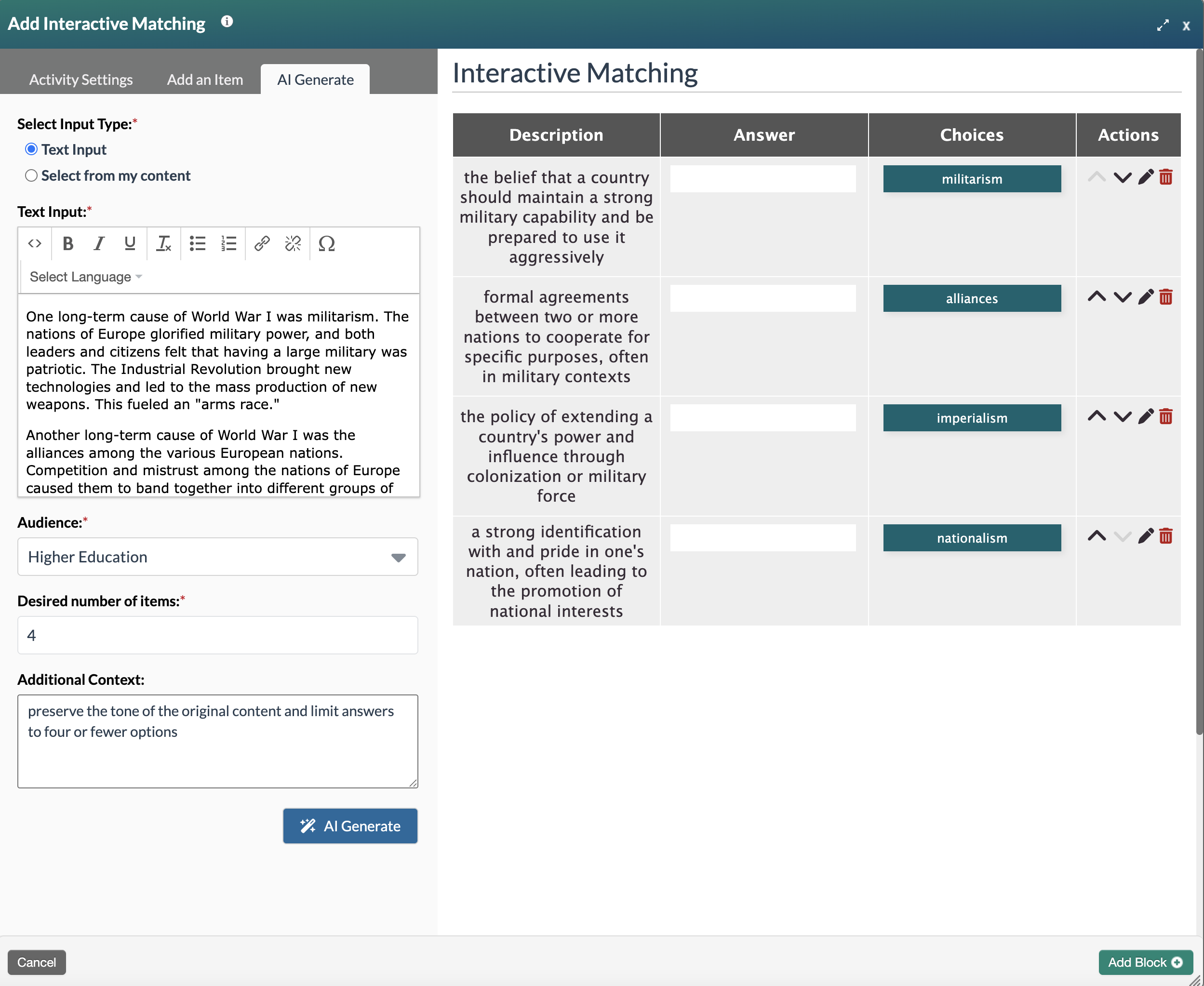 interactive matching form showing questions generated using AI