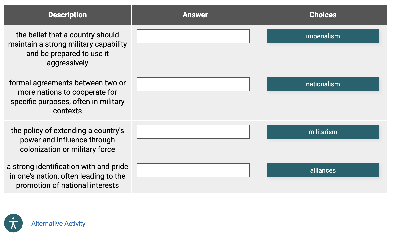 published view of a matching exercise with four items