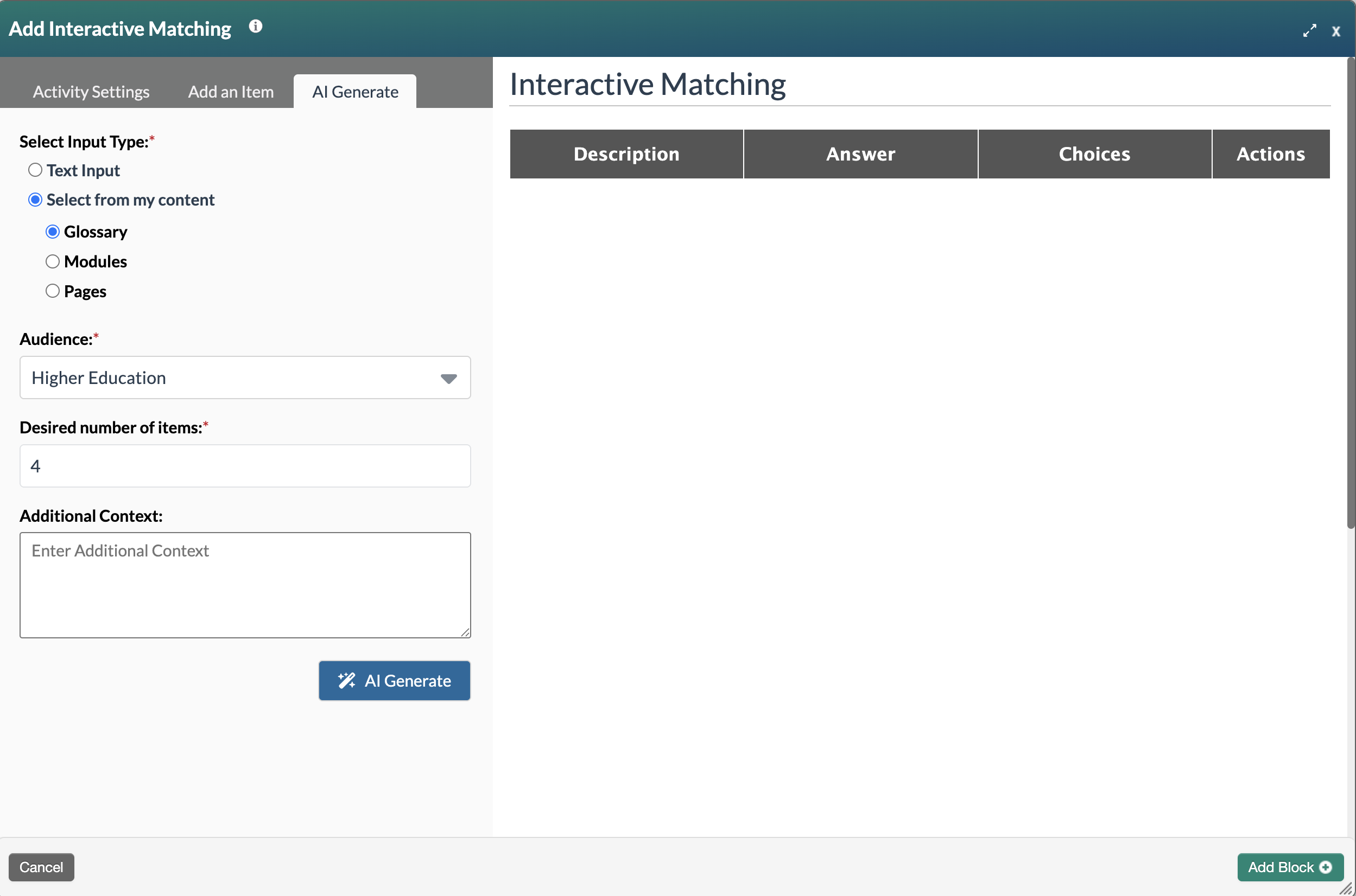 blank interactive matching form showing select from my content and glossary checked
