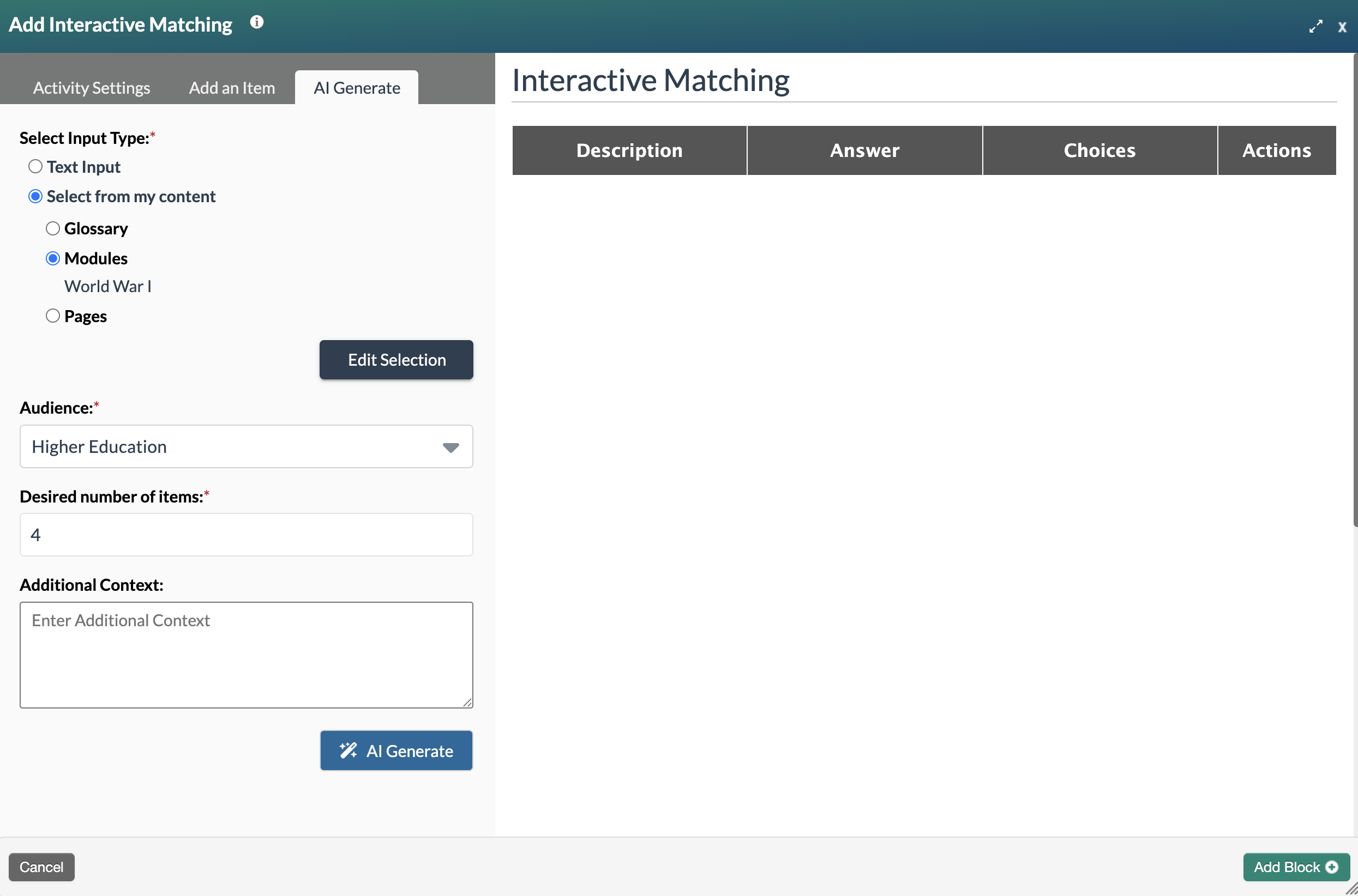 blank interactive matching form showing select from my content and modules - WWI Selected
