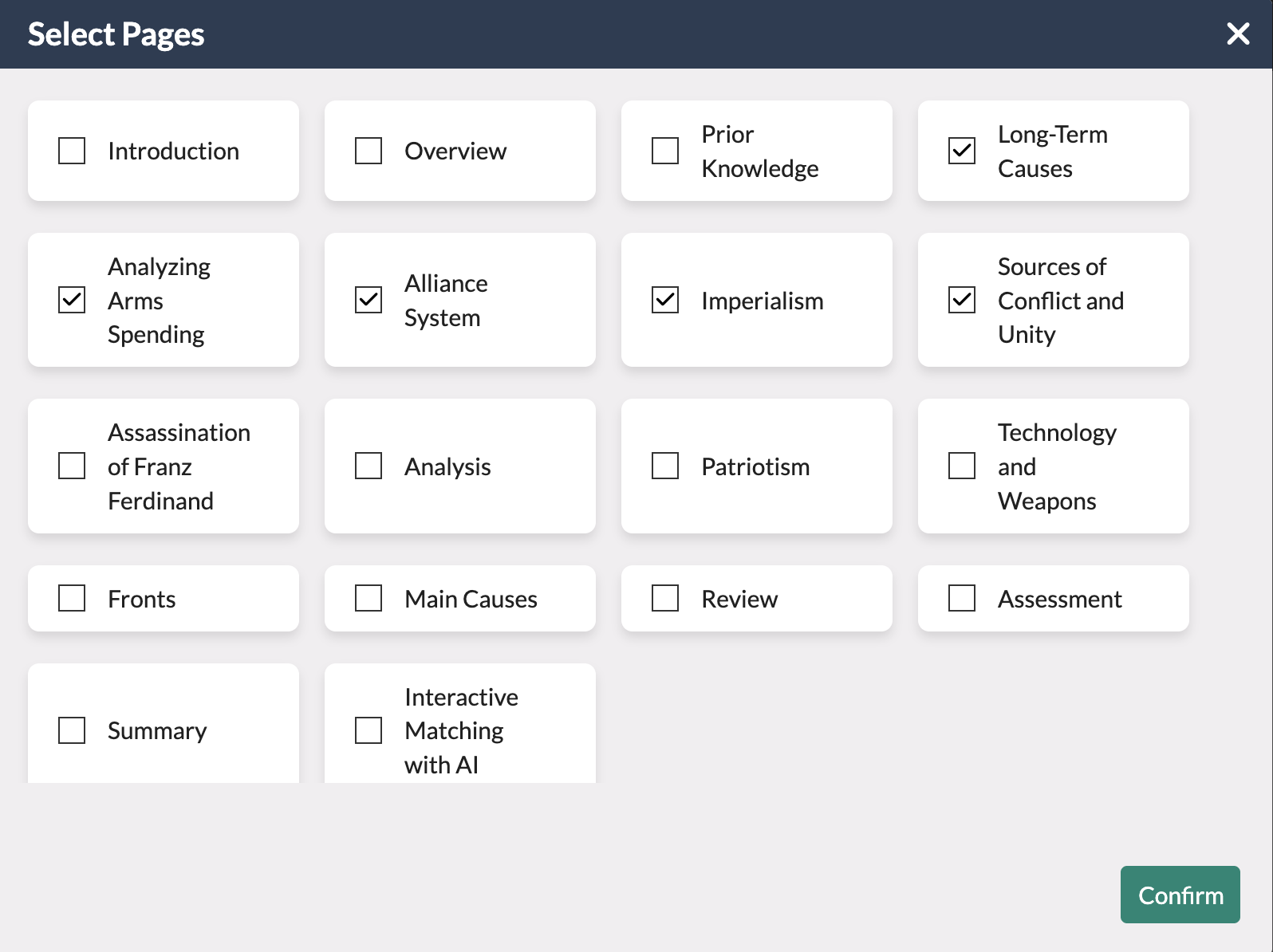 blank interactive matching form showing select from my content and certain checked