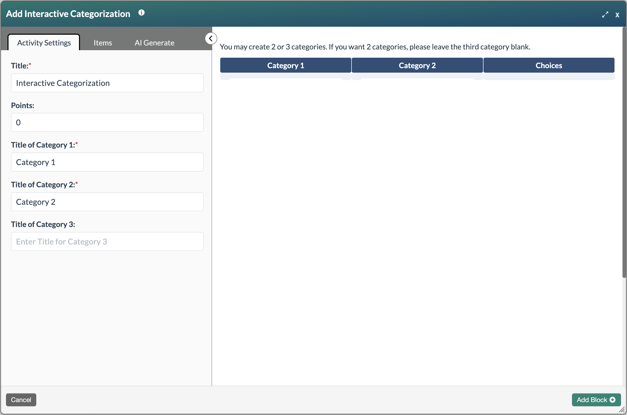 Screenshot of the Add Interactive Categorization form