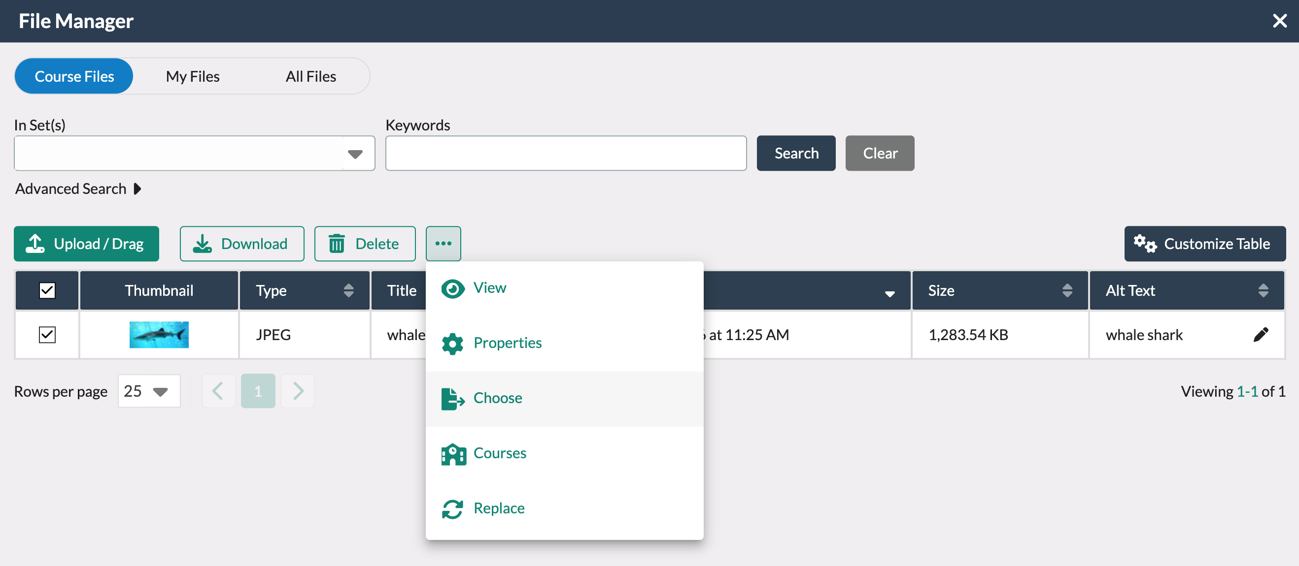The File Manager view showing a check next to the whale shark image
