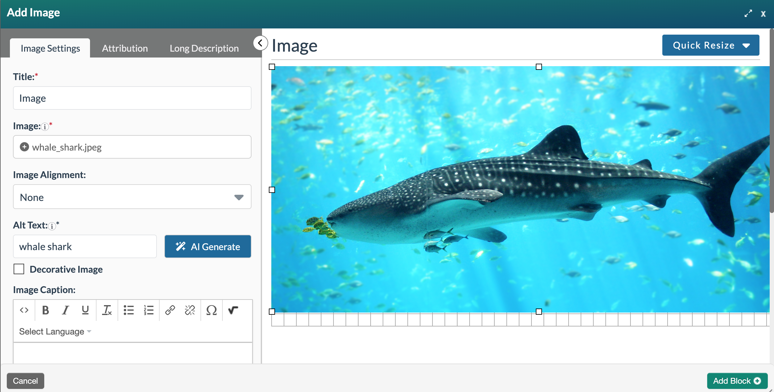 The Add image form shows the selected image in the preview pane with the alt text showing