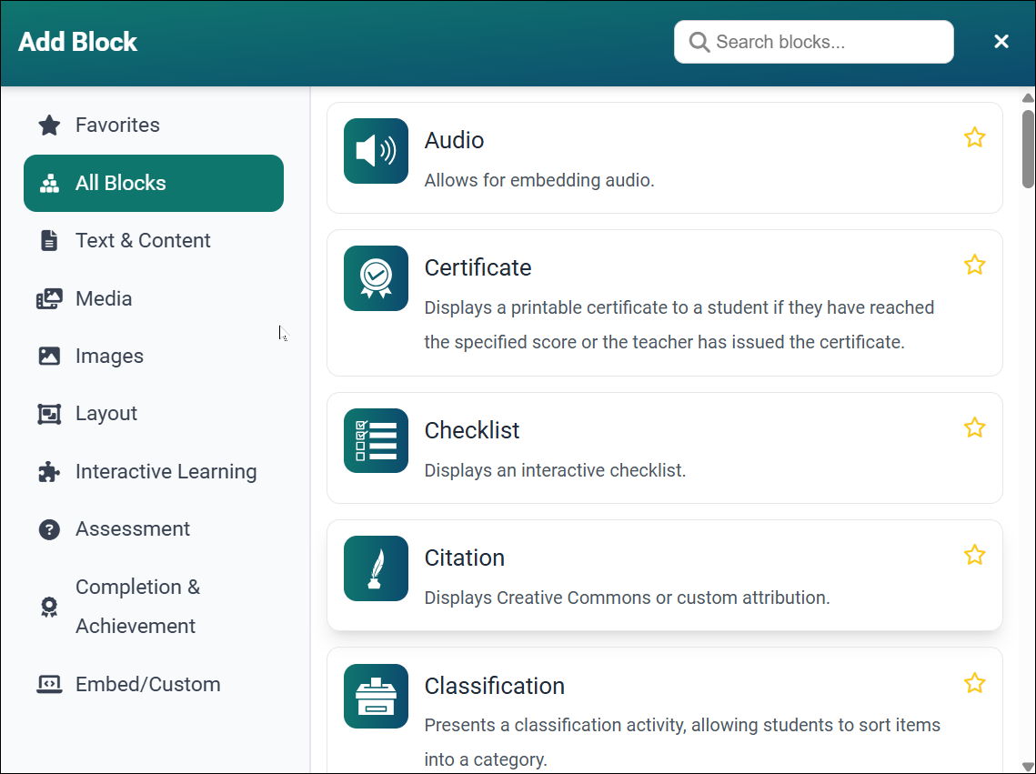 Add block modal showing blocks in alphabetical order