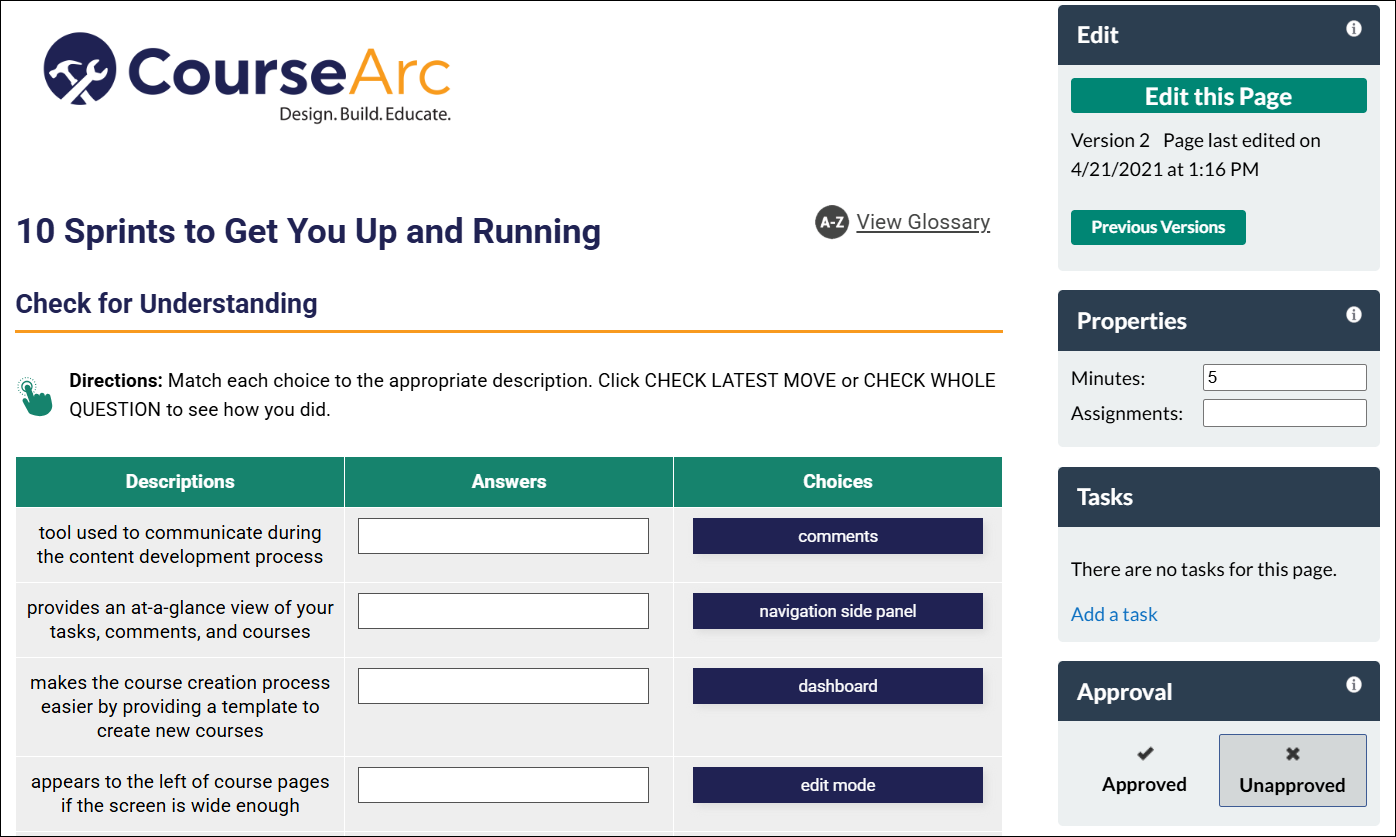CourseArc content page in Edit Mode