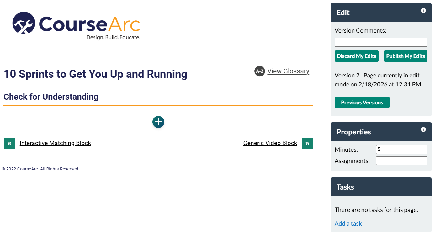 Blank CourseArc content page in edit mode, which only shows the plus button