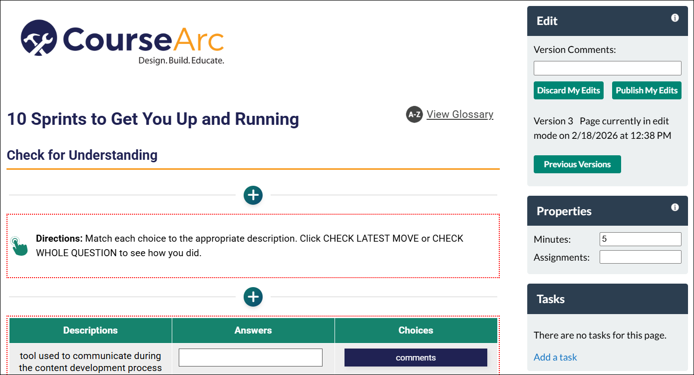 CourseArc content page in Edit mode, showing the edit pane