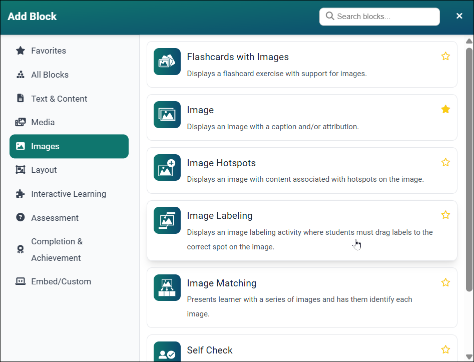 Add block modal, showing blocks in Images category
