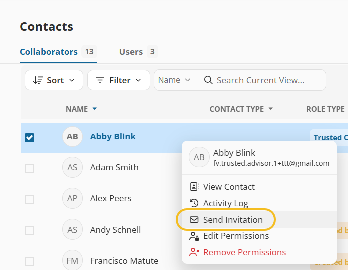 New Send Invitation button in the Actions Menu for Collaborators