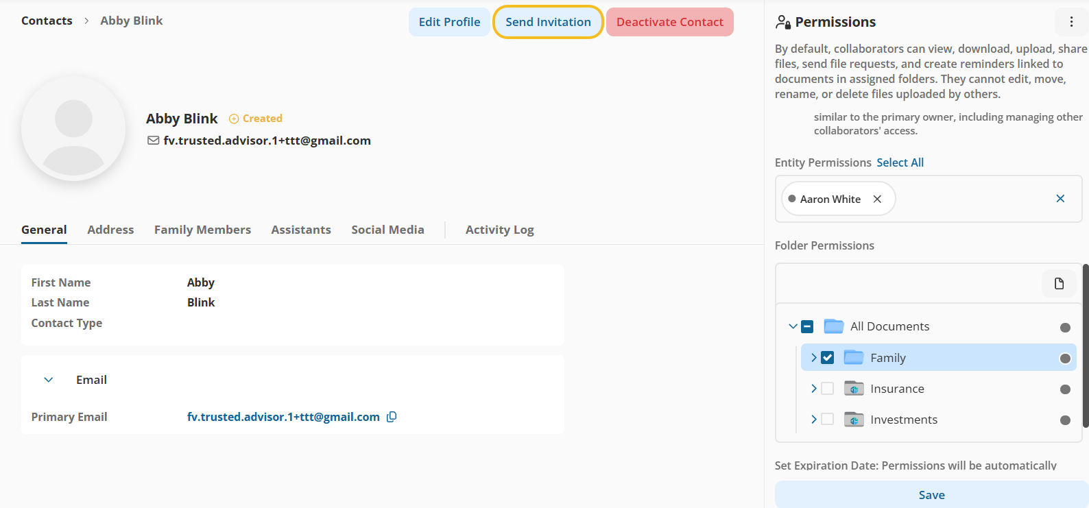 Contact Details page show the new Send Invitation email at the top