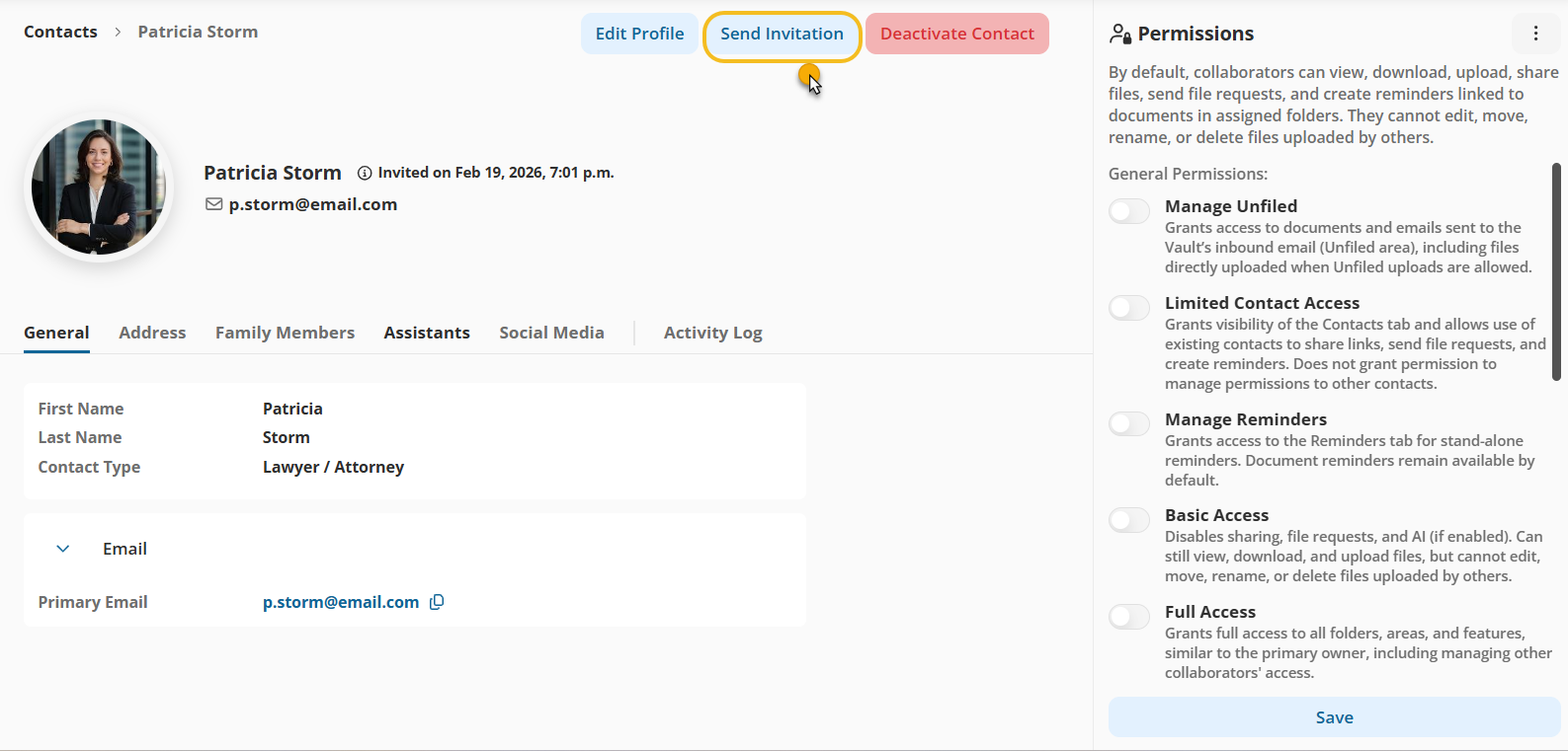 Send Invitation from From the Contact Details Page