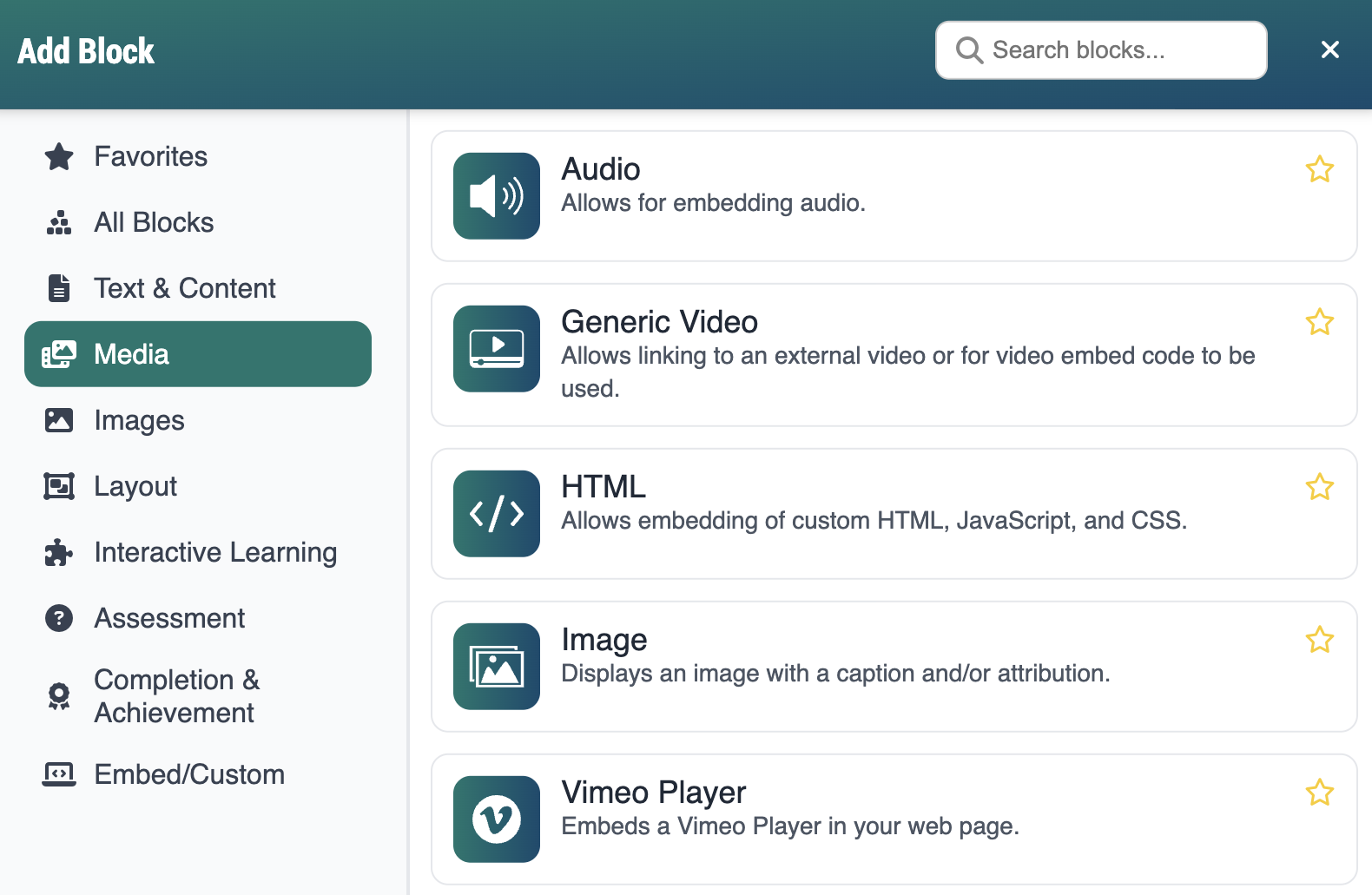 Add block modal with the media category selected
