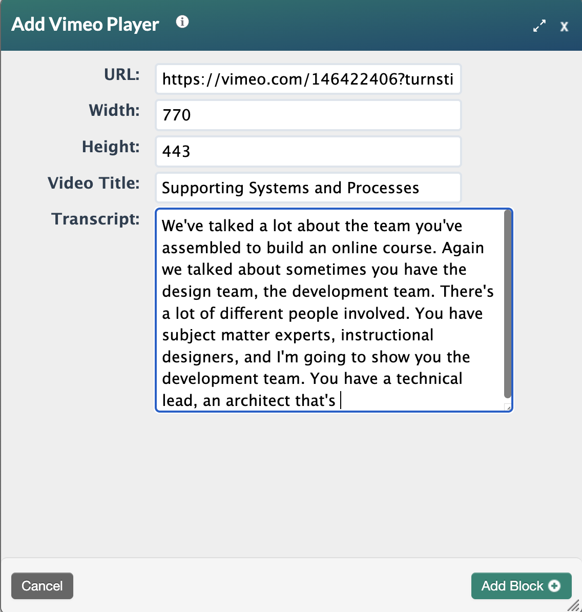 The Add Vimeo Player completed form is shown