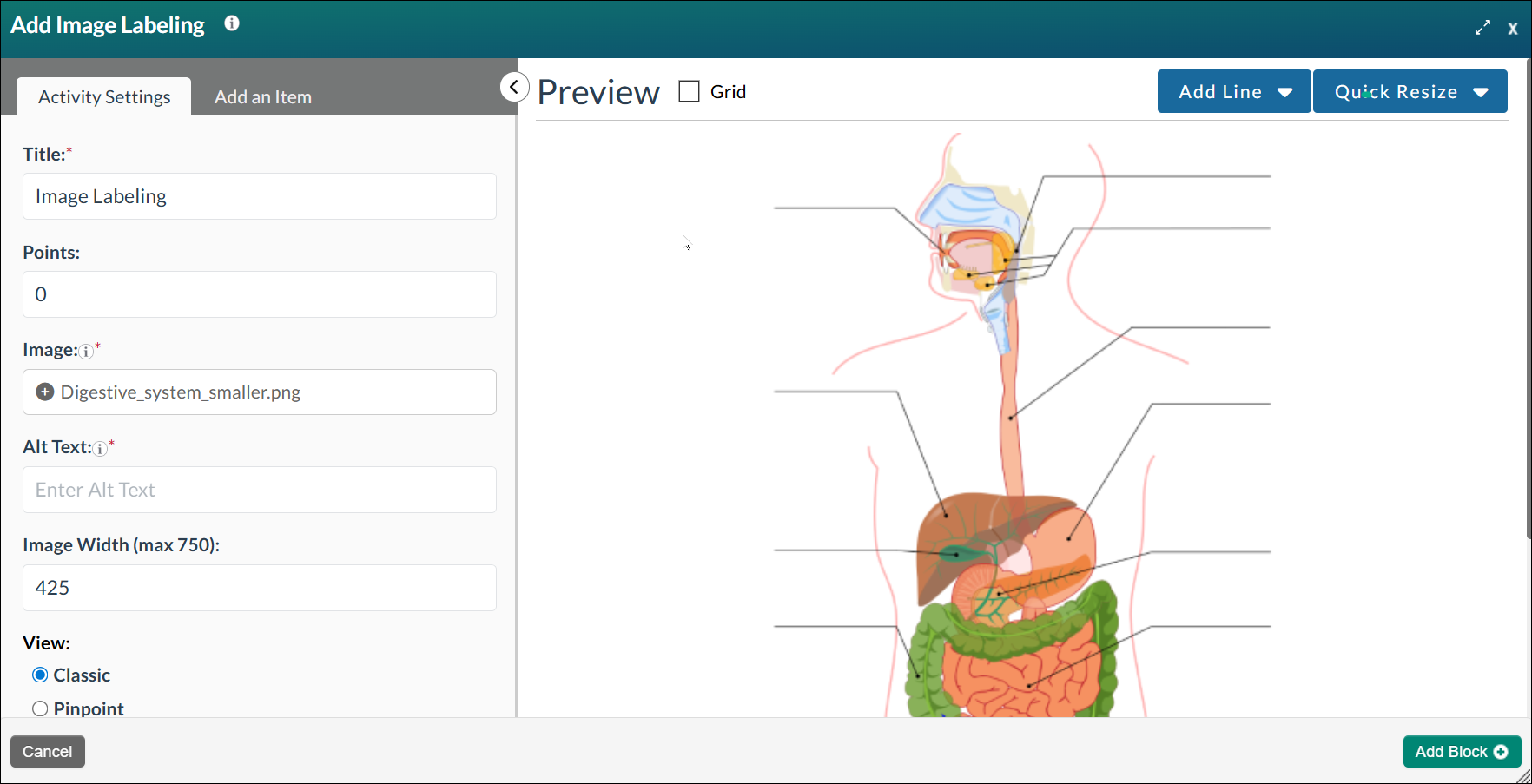 Add image labeling modal with digestive system diagram