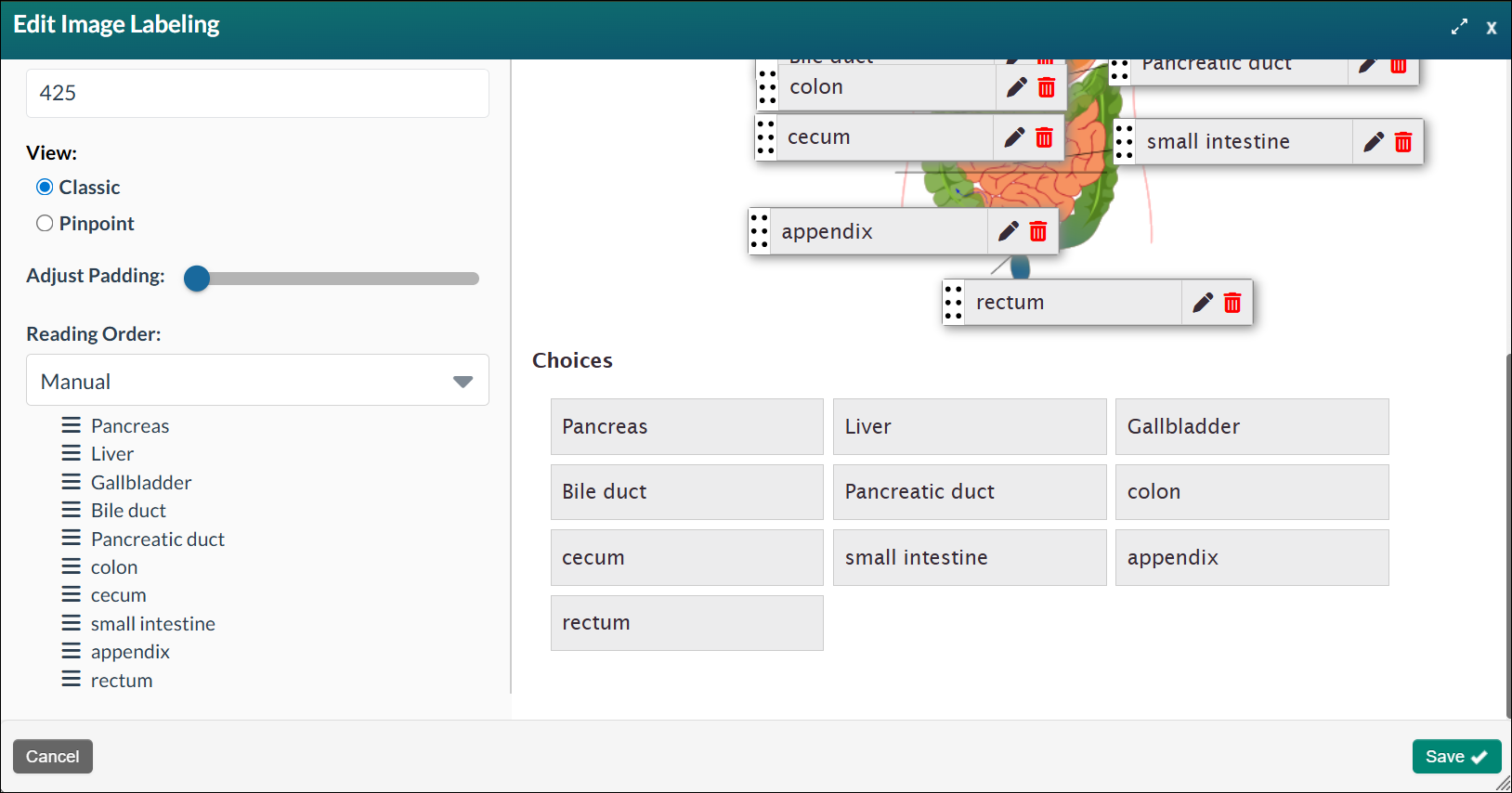 Edit Image Labeling modal, showing the reading order and options for manual settings