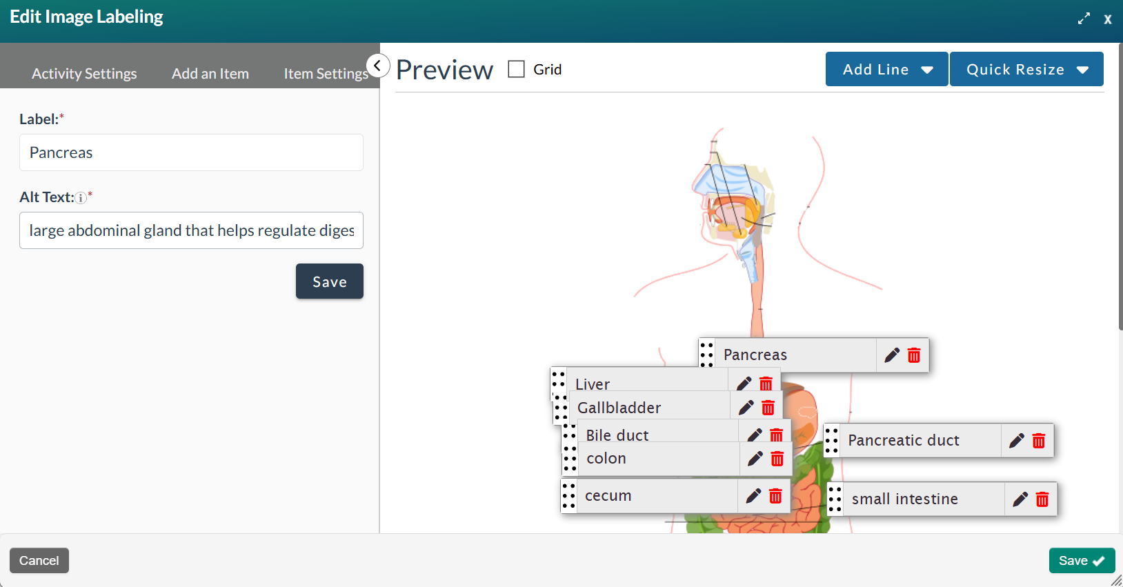 Edit Image Labeling modal, showing the Item Settings tab