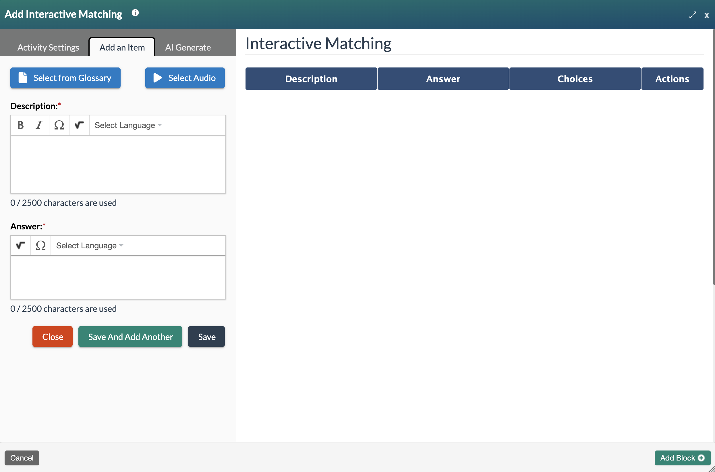 Screenshot of the Add an Item menu of the Add Interactive Matching modal, with editable content filled in